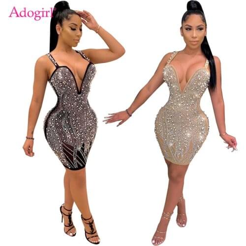 Adogirl 2020 New Pearls Diamonds Sheer Mesh Night Club Party Dress Sexy Deep V Neck Spaghetti Straps Bodycon Mini Bar Dresses