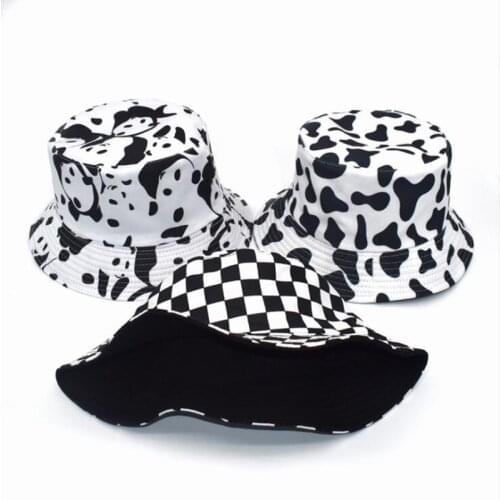 Unisex Outdoor Women Gorras Summer Fashion Activities Reversible Black White Cow Pattern Bucket Double-sided Hats Fisherman Caps
