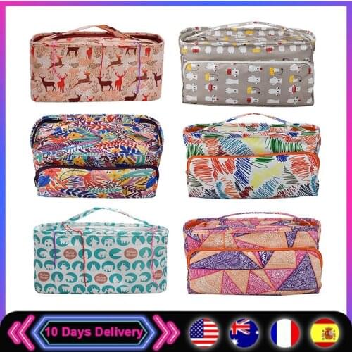 600D Oxford Cloth Printed Embroidery Storage Bag Handbag Wool Crochet Hooks Knitting Needle Yarn Sewing Supplies Tool Organizer