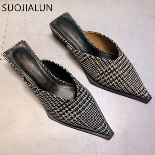 SUOJIALUN 2021 Women New Brand Slipper Fashion Houndstooth pattern Sandal Shoes Elegant Square Low Heel Shallow Slip On Mules S