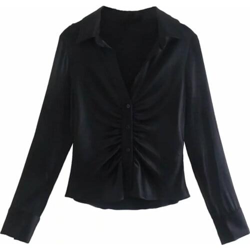 TRAF Za Women Shirt Black Crop Top Female Collared Satin Button Up Shirt Woman Autumn Fashion Pleated Long Sleeve Vintage Blouse
