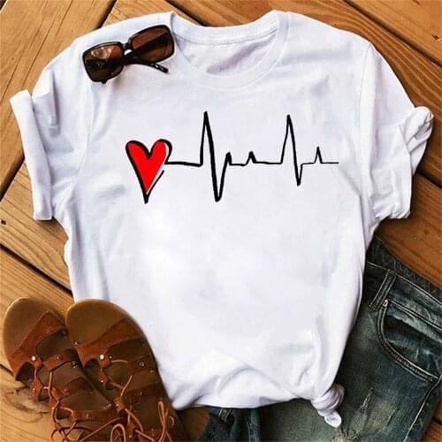 New Fashion Women T-shirt Harajuku T-shirt Ladies Short Sleeve Tee Love Heartbeat Line Printed T-shirt O-neck Top Tshirt TX5983