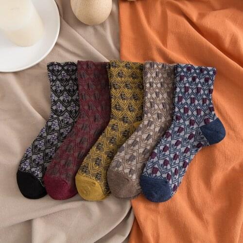 Women Socks Cylinder Autumn and Winter Different Pattern Ethnic Wind Retro Cotton Sen College Flowers Rhombus Soft Ladies Socks