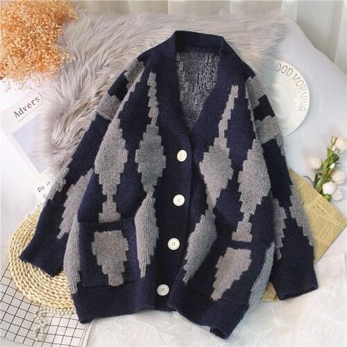 Womens Retro Long Cardigan V-neck Buttons Big Pocket Knitted Sweater Fleece Warm Casual Long Coat 2021 Fall Winter New