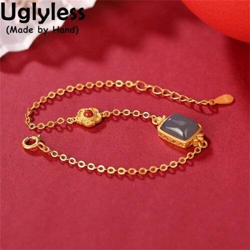 Uglyless Simple Square Geometric Bracelets for Women Natural Jade Agate Bracelets Gold Thin Chains 925 Sterling Silver Jewelry