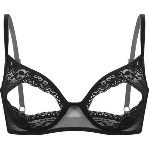 Women Open Cup Erotic Crop Bra Tops Floral Lace Sheer Sexy Brassiere Ladies Nipple Split Bras Elastic Shoulder Straps Lingerie
