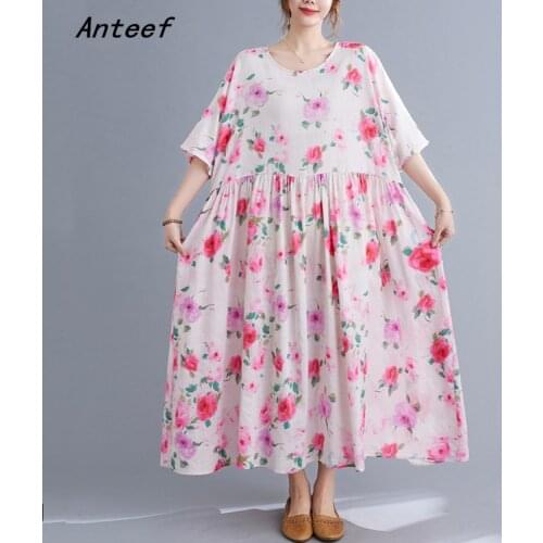 Short sleeve cotton vintage floral dresses for women casual loose long woman summer dress elegant clothes 2021