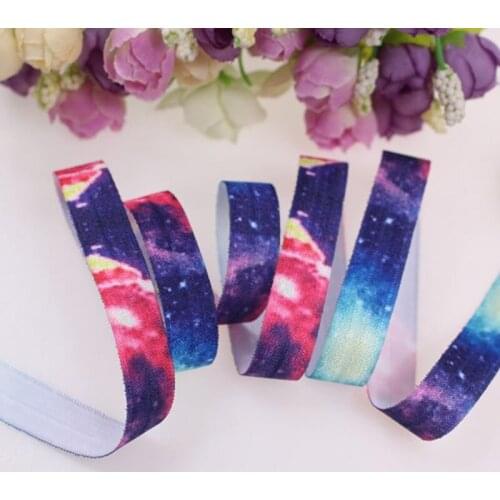 100 yards per lot 5/8" Rainbow Galaxy printed fold over elastic foes ribbons, suitable for hair tie headband