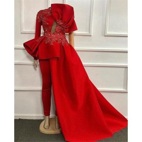 2021 Jumpsuits Arabic Red Prom Dresses With Train Long Sleeve High Neck Lace Appliqued Beads Formal Evening Gowns Pant Suits