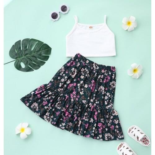 2021 Girls Clothing Set 2 Pcs Sets Solid Strap Tops+floral Print Skirts Boho Fashion Clothes Kids Clothes Children Clothes 4-9Y