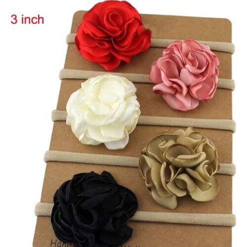 3" Burned Satin Rosette Flower On Nylon Headband Satin Rose Flower Nylon Headband Girls Hair Accessories 10pcs