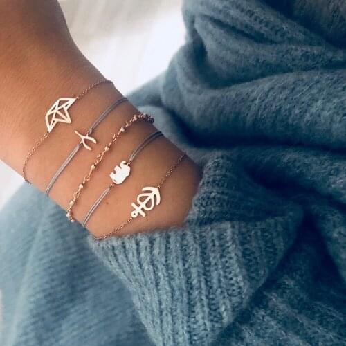 5 pcs/set Vintage Fashion Elephant Crown Bead Chain Y Letter English Letter Pattern Bracelet Set for Women Alloy Rope Jewelry