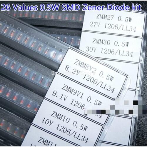 650PCS Zener Diodes Kit 0.5w SMD 1/2W 2.4V - 30V 2.7V 3V 9.1V 10V 22V 24V LL34 26Valeus Commonly Used Assorted Sample Book