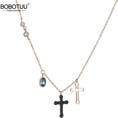BOBOTUU Stainless Steel Jewelry Hollow Out & Black Crystals Corss Pendant Necklace Rose Gold Color Chain New Year Gift BN18271
