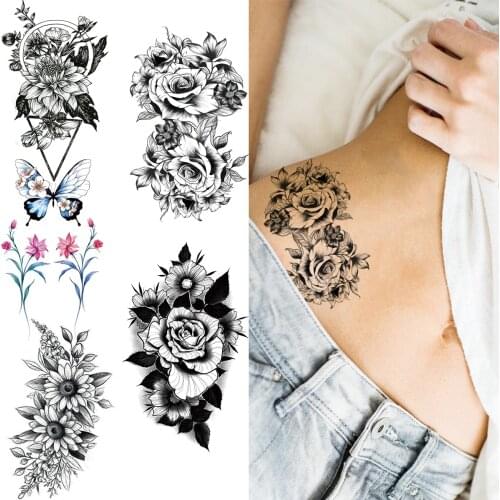 Black Rose Sexy Waist Temporary Tattoos For Women Gilr Geometric Daisy Butterfly Fake Tattoo Stickerwrist Waterproof Tatoo Decal