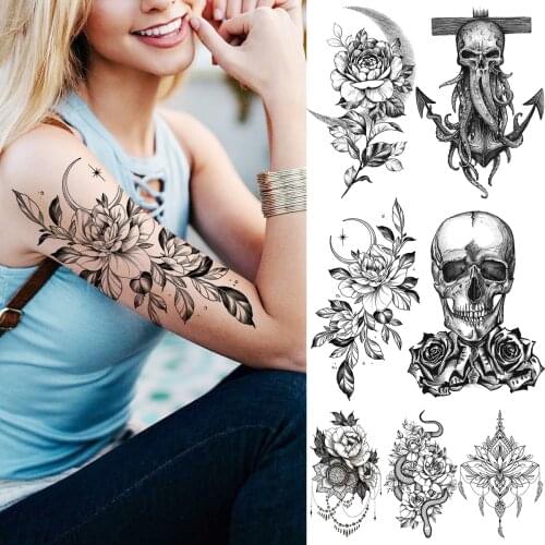 Black Flower Moon Temporary Tattoos For Women Adults Realistic Skull Octopus Snake Leaf Fake Tattoo Sticker Arm Back Tatoos