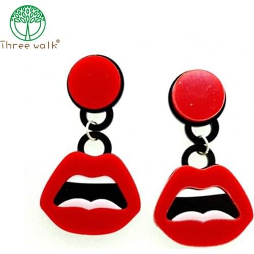 FishSheep New Fashion Acrylic Red Mouth Lips Lipstick Drop Earrings For Women Hip-Hop Geometric Long Earring Nightclub Jewelry