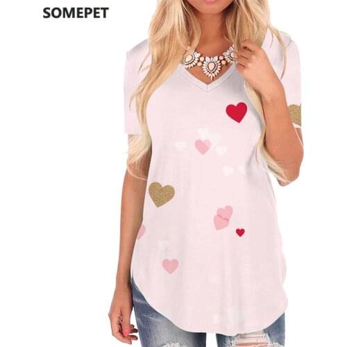 SOMEPET Harajuku T-shirt women Love T-shirts 3d Pattern V-neck Tshirt Womens Clothing Punk Rock Casual Tops New High Quality