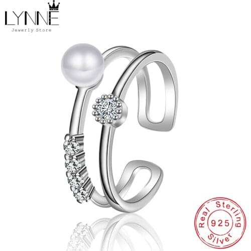 New Fashion 925 Sterling Silver Pearl Rings Elegant Cubic Zirconia Asymmetry Double Layers Resizable Ring For Women Jewelry Gift