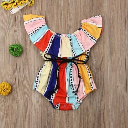 Fashion Baby Girls Striped Bodysuit 2020 Brand New Newborn Off Shoulder Ruffle Sunsuit with Belt Baby Girl Cotton Clothes 0-24M