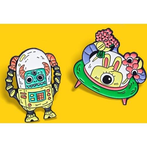 Cartoon Rabbit Alien Enamel Pins UFO Planet Flower Alien Brooches Outer Space Universe Cosmic Life Badges Jewelry Pin Wholesale