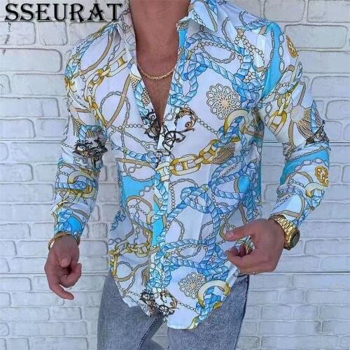 SSEURAT Fall Mens Long Sleeve Print Casual Turn-down Collar Button Loose Shirt Apparel Comfort Tops