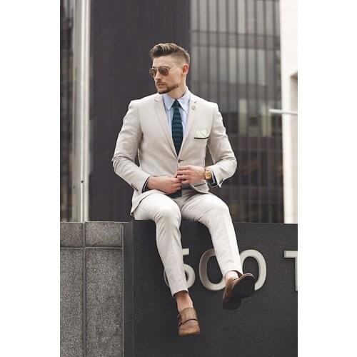 2020 Mens Fashion Beige Linen 2 Pieces Suits for Weddings Prom Party Slim Fit Blazer Dress Tuxedo Mens Suits with Pants Jacket