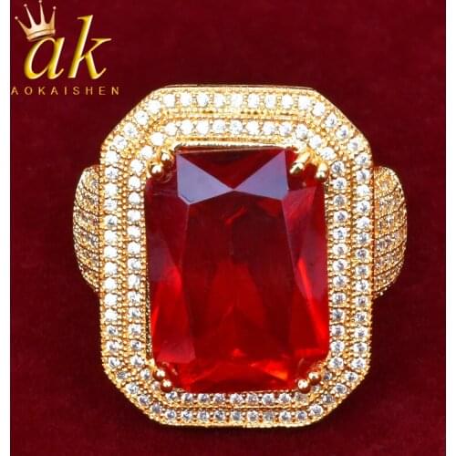 Men Ring Copper Zircon Jewelry Red Gem Real Gold Plated Jewelry Hip Hop Jewelry Bling Rock Street