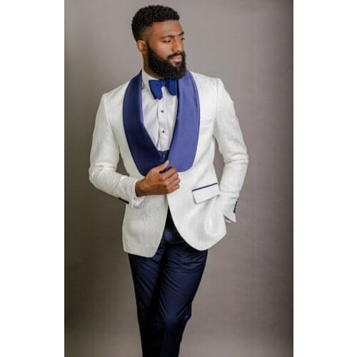 JELTONEWIN Men Wedding Suit 2021 Slim Fit White Jacquard Suits For Men Groom Tuxedo Navy Blue Lapel Pants Party Male Blazer