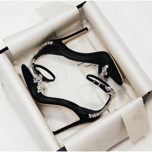 Newest Crystal High Heels Women Sanals Ankle Strap Gladiator Heels Dress Shoes Cut-out Peep Toe Celebrate Party Banquet Shoes