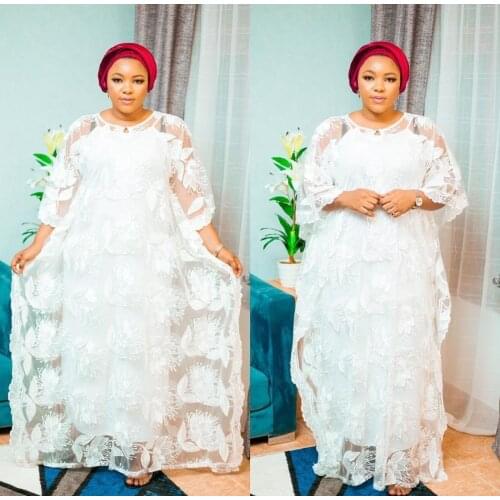 New Style Classic African Womens Dashiki Fashion Abaya Stylish Net Lace Gauze Bat Sleeve Loose Long Dress + Inside Free Size