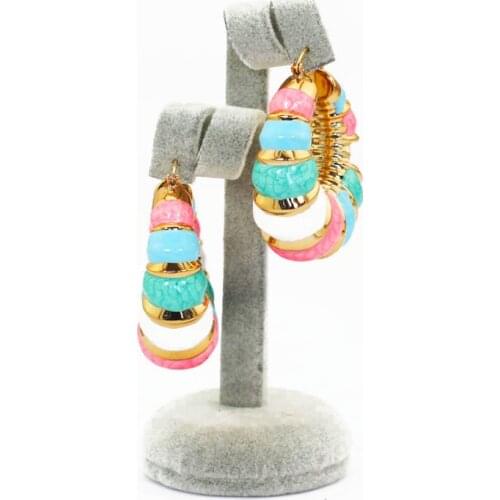 Luxury Gold Hoop Earrings for Women Pink Blue Enamel Glaze Earrings Drop Shaped Fashion Bride Jewelry EA032