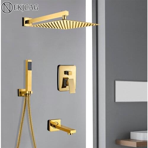 Luxurious Golden Bathroom Shower Set Square Rainfall Shower Head Concealed Shower Hot Cold Water Mixer Taps Wall Mount Set