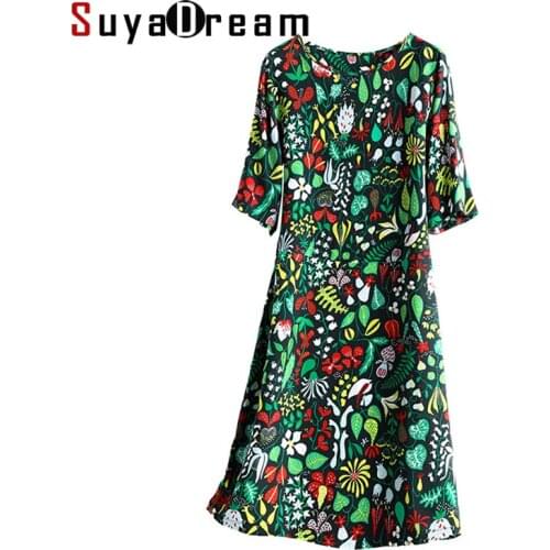 SuyaDream Woman Floral Mini Dress 100%Silk Crepe Short Sleeves O neck A-Line Printed Dresses 2021 Spring Summer Dress