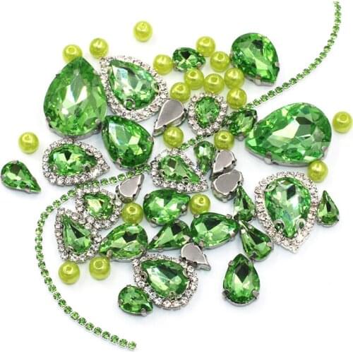 Wedding Decoration Teardrop Lightgreen Mix Size Glass Crystal Stones Pearl Beads Cup Chain Rim Rhinestones Sew On Clothing/Dress