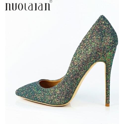 Sexy green Sequined Women Pumps Elegant Bling High Heels Shoes Women Stilettos Glitter Wedding Party Shoes Big Size 4-11