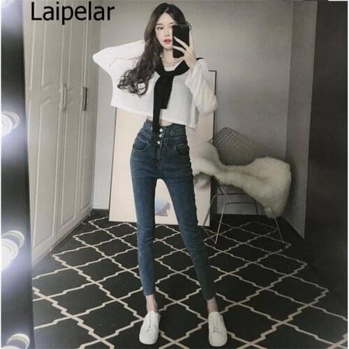 Women High Waist Elastic Skinny Denim Pencil Pants Mom Jeans Camisa Feminina Ladies Slim Casual Cropped Pants Female Streetwear