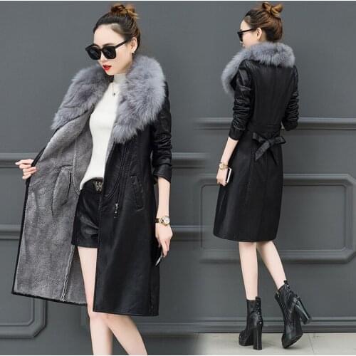 Winter pu leather women 2019 New slim long Faux leather coat large fur collar windbreaker coat Thicken popular Womens coats