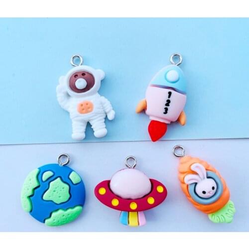 10 New Cute Cartoon Space, Astronaut Resin Series Kawaii Pendant Key Chain Necklace Pendant DIY Decoration Accessories A07