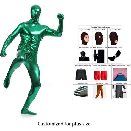 2020 free shipping Shiny Lycra Spandex Shiny Green Mens Unitard Catsuits Metallic Footed Zipper Zentai Bodysuit can Customize
