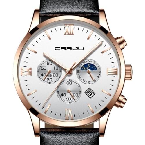 CRRJU Fashion Mens Watches Analog Quartz 30M Waterproof Chronograph 24 Hour Date Sport Watch Men Leather Clock Reloj Hombre