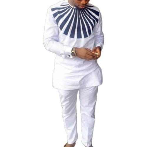 Mens White Pant Set Full Sleeve Custom Made Plus Size Black Stripes Patchwork Tops+Trousers For African Party DropShipping