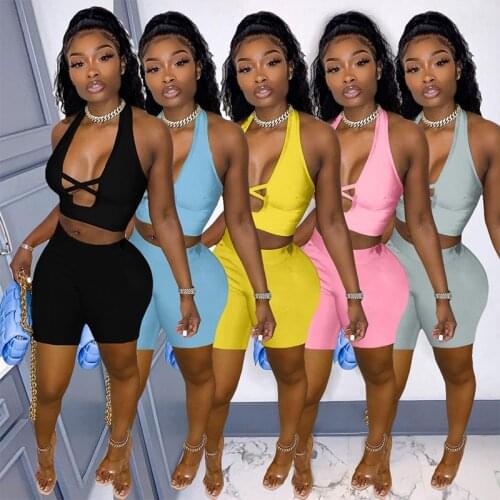 Women Summer Two Piece Set Sexy Solid Deep V Neck Halter Backless Crop Top And Casual Shorts Nightclub Party Fitness Outfits
