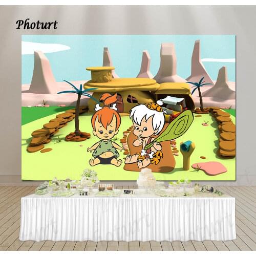 PHOTURT Flinstones Photography Backdrop Kids Birthday Baby Shower Photo Background Blue Sky Green Polyester Vinyl Booth Props