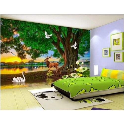 Custom photo 3d wallpaper Green big tree elk swan lake scenery living room home decor 3d wall murals wallpaper for walls 3 d