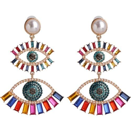 Juran Womens Double Multicolor Evil Eye Long Dangle Earrings Bohemian Pearl Crystal Statement Drop Earrings Party Jewelry