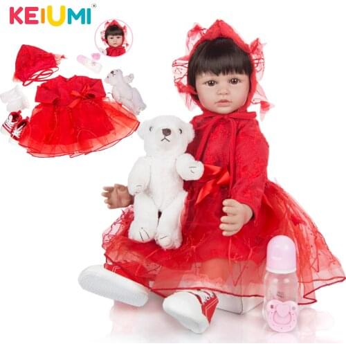 KEIUMI 24 Inch Princess Wholesale Reborn Baby Dolls Silicone Girl Kids Wear Red Dress Reborn Menina Boenca For Birthday Gift