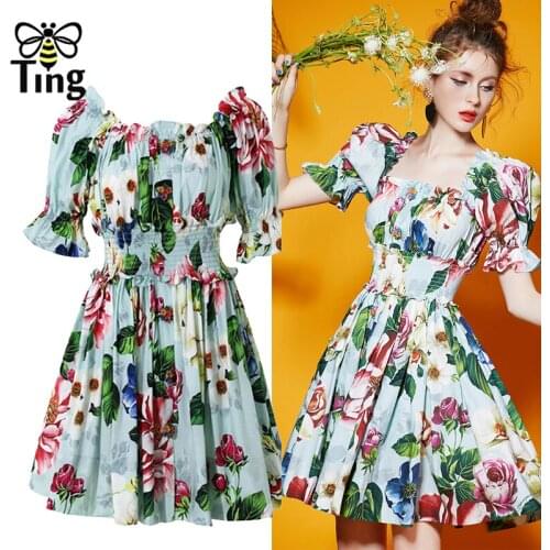 Tingfly Summer Floral Mini Short Dress Sexy Slash Collar Flower Button Decor A Line Casual Dresses High Waist Trendy Elbise Traf