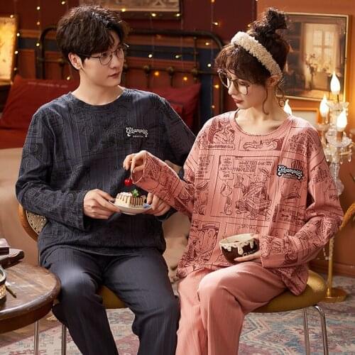 Cute Cartoon Anime Couple Pajamas Autumn Winter Warm Cotton Homewear Loose Long Sleeve O-Neck Men Sleepwear Women Pajamas Sets