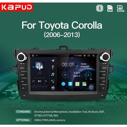 Kapud 8 '' Android 10 Toyota Corolla E140 E150 2006 - 2013 Car Radio Multimedia Video Player GPS Navigation No 2din 2 din dvd